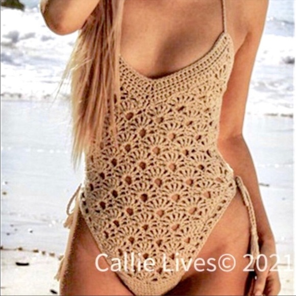 NWT Crochet Retro Sexy BoHo Chic One Piece Thong Back Bathing Swim Suit - Picture 5 of 13